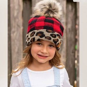 Panache Kids Red Buffalo Plaid With Leopard Trim Knit Beanie Hat